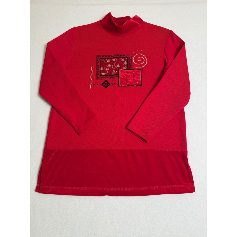 Bobbie Brooks Red Mock Neck Top Embroidered Velvet Trim Long Sleeve Mens Large